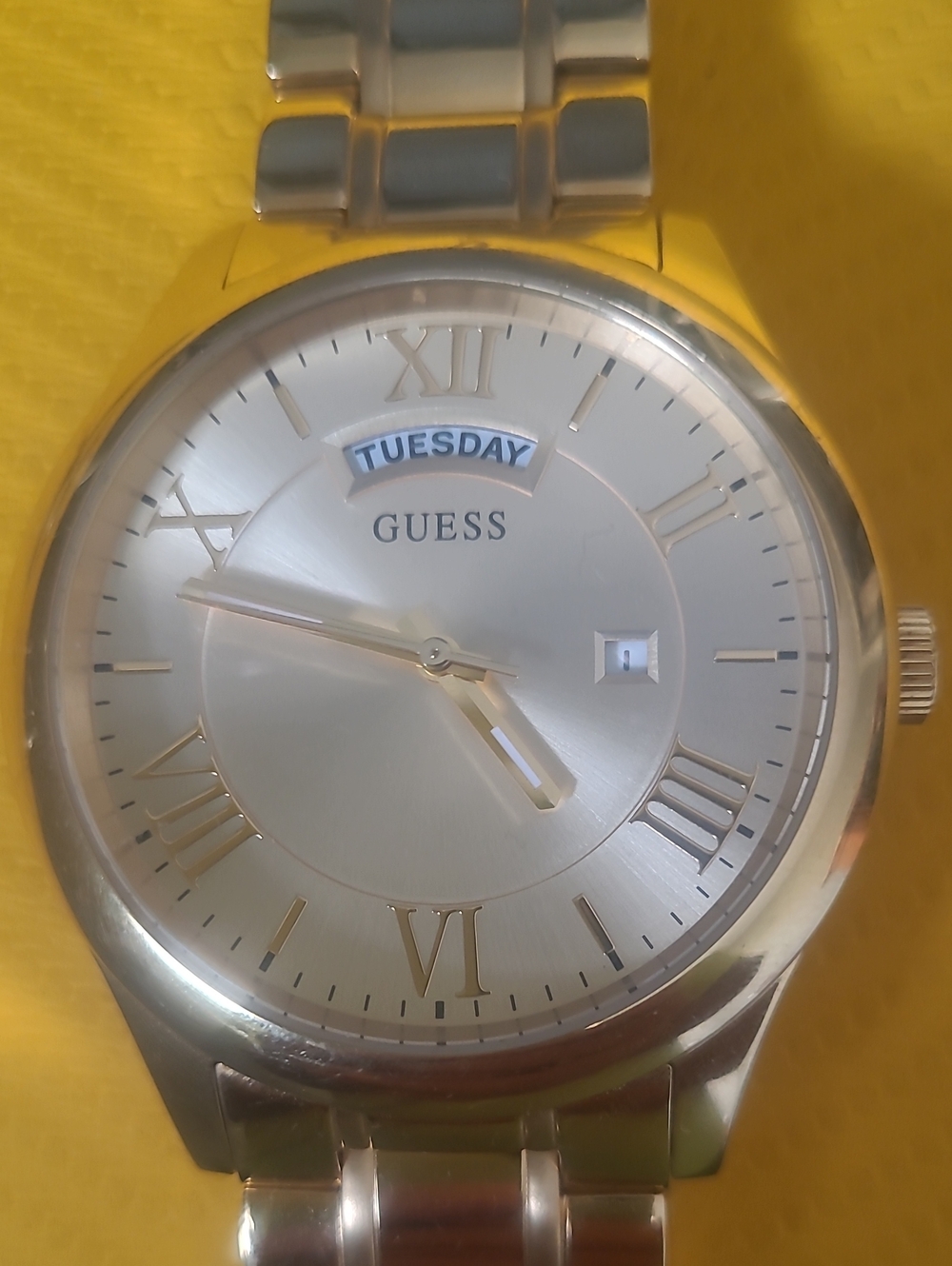 GUESS Silver-Tone Men's Day-Date Watch with Roman Numerals